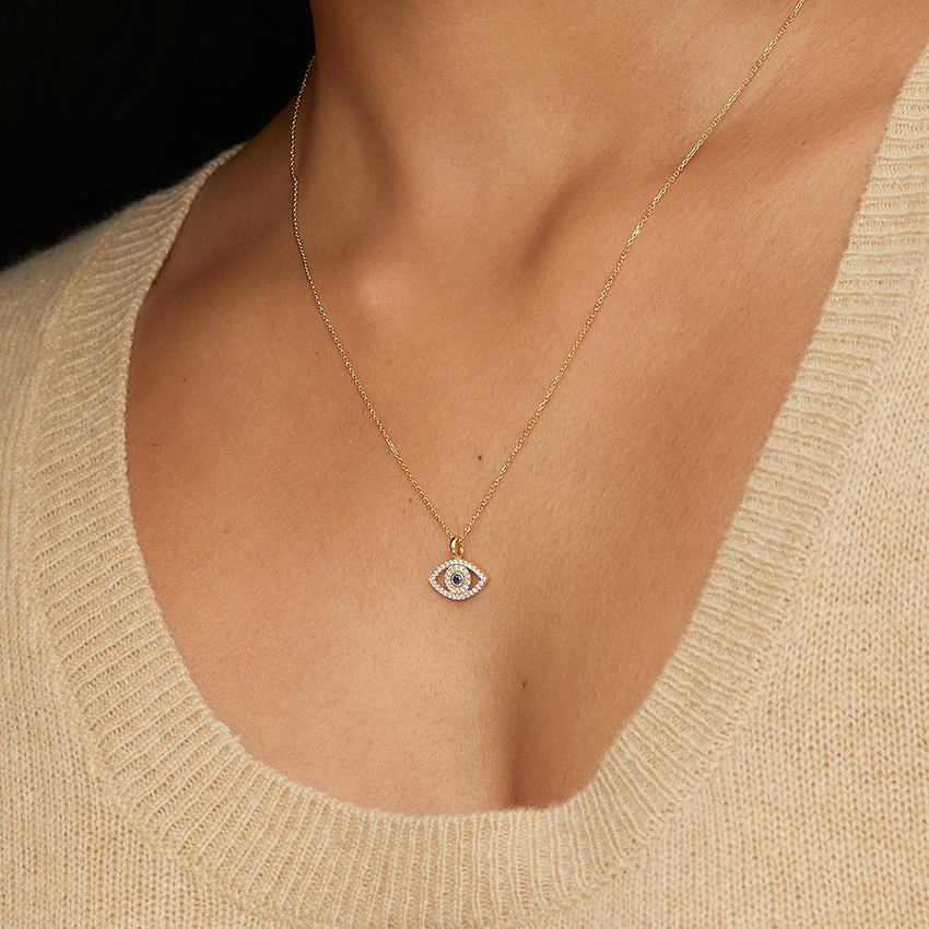Evil Eye Sapphire and Diamond Pendant in 14K Yellow Gold - Image 2